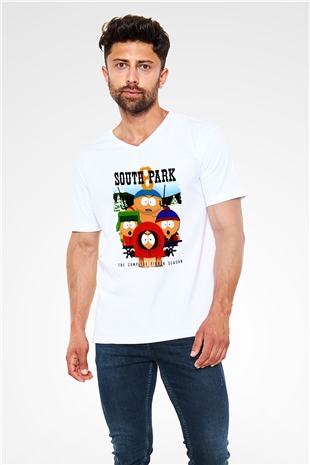 South Park Beyaz Unisex V Yaka Tişört