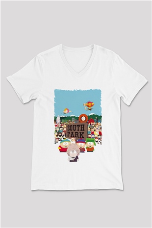 South Park Beyaz Unisex V Yaka Tişört