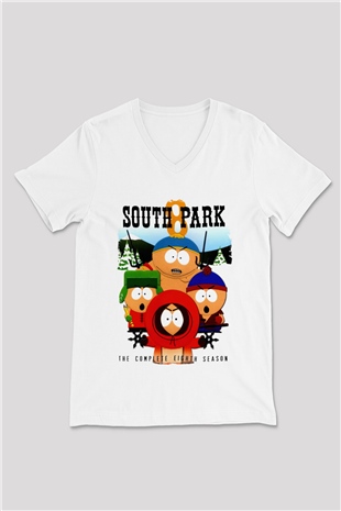 South Park Beyaz Unisex V Yaka Tişört
