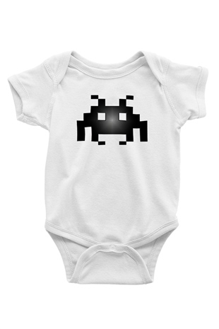 Space Invaders Baskılı Beyaz Unisex Bebek Body - Zıbın