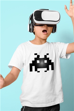Space Invaders Baskılı Beyaz Unisex Çocuk Tişört