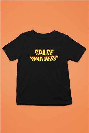 Space Invaders Baskılı Siyah Unisex Çocuk Tişört