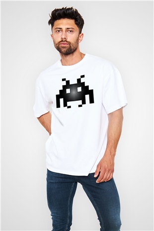 Space Invaders Beyaz Unisex Oversize Tişört T-Shirt