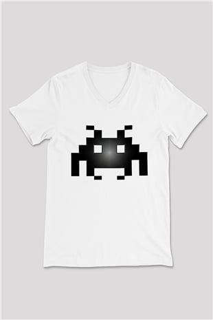 Space Invaders Beyaz Unisex V Yaka Tişört T-Shirt