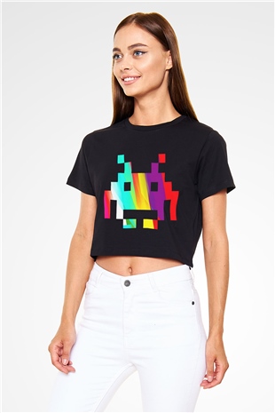 Space Invaders Siyah Crop Top Tişört