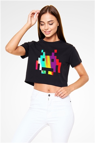 Space Invaders Siyah Crop Top Tişört