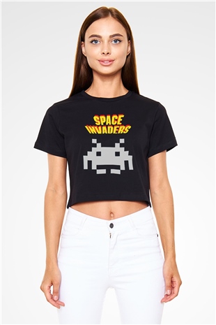 Space Invaders Siyah   Crop Top Tişört