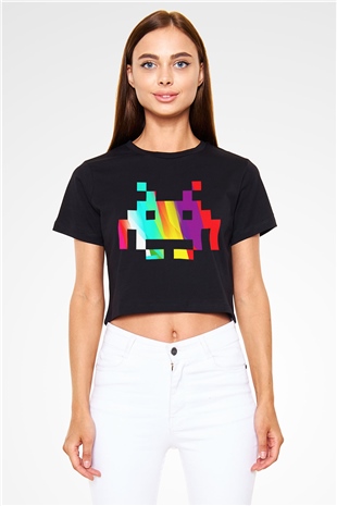 Space Invaders Siyah Crop Top Tişört