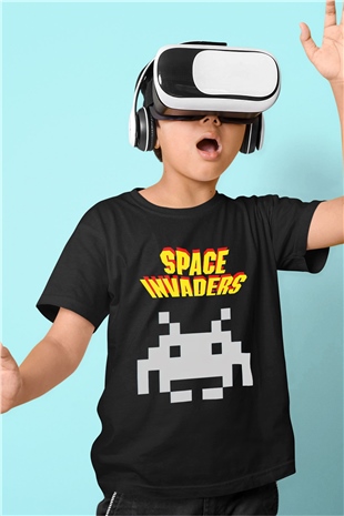 Space Invaders Siyah Unisex  Çocuk Tişört