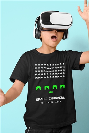 Space Invaders Siyah Unisex  Çocuk Tişört