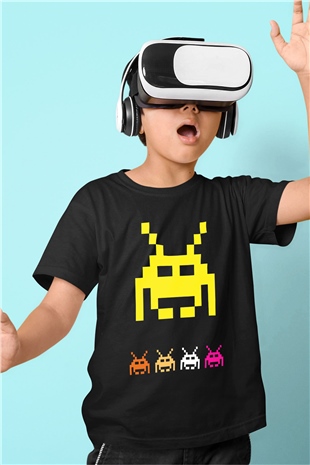 Space Invaders Siyah Unisex  Çocuk Tişört