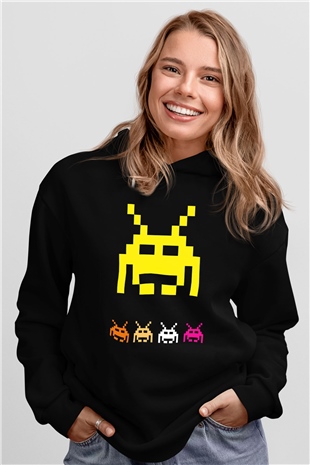 Space Invaders Siyah Unisex Hoodie