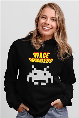 Space Invaders Siyah Unisex Hoodie