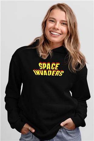 Space Invaders Siyah Unisex Hoodie