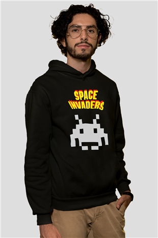 Space Invaders Siyah Unisex Hoodie