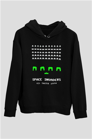 Space Invaders Siyah Unisex Hoodie