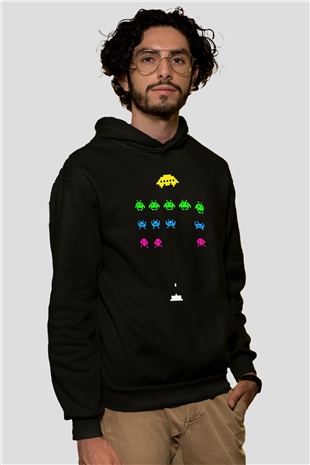 Space Invaders Siyah Unisex Hoodie