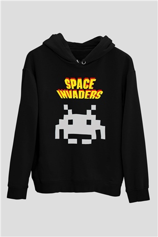 Space Invaders Siyah Unisex Hoodie
