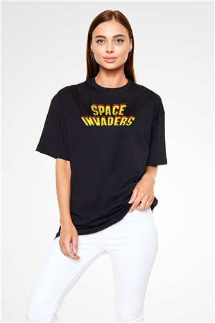 Space Invaders Siyah Unisex Oversize Tişört T-Shirt