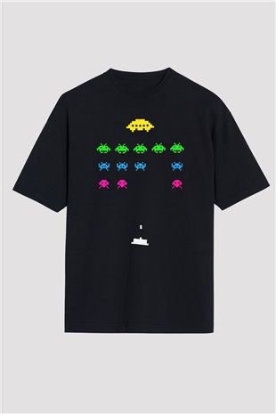 Space Invaders Siyah Oversize Tişört
