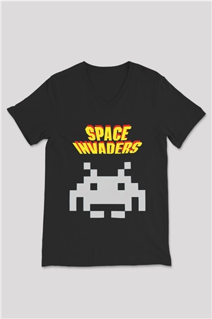 Space Invaders Siyah Unisex  V Yaka Tişört