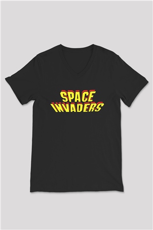 Space Invaders Siyah Unisex V Yaka Tişört T-Shirt