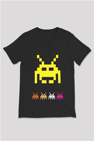 Space Invaders Siyah Unisex  V Yaka Tişört