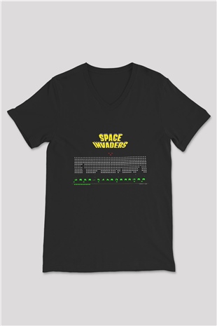 Space Invaders Siyah Unisex V Yaka Tişört