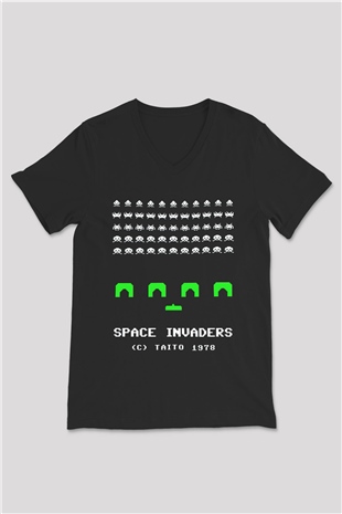 Space Invaders Siyah Unisex  V Yaka Tişört