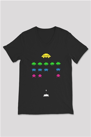 Space Invaders Siyah Unisex  V Yaka Tişört
