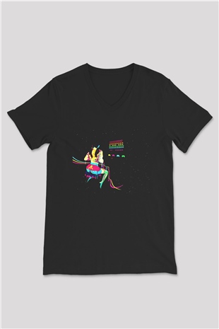 Space Invaders Siyah Unisex V Yaka Tişört