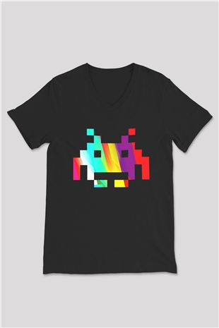 Space Invaders Siyah Unisex V Yaka Tişört T-Shirt
