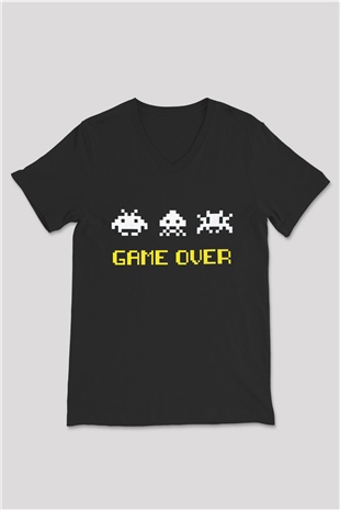 Space Invaders Siyah Unisex  V Yaka Tişört