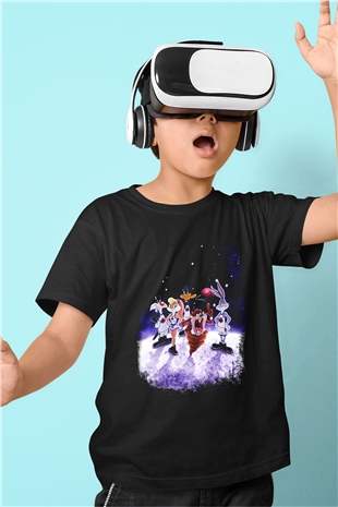 Space Jam Baskılı Siyah Unisex Çocuk Tişört