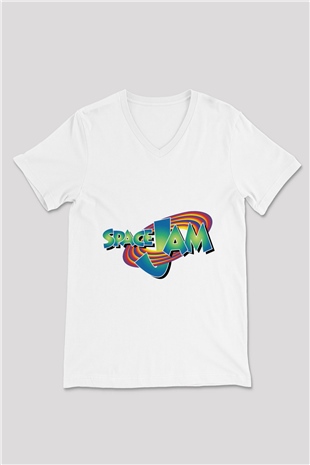 Space Jam Beyaz Unisex V Yaka Tişört