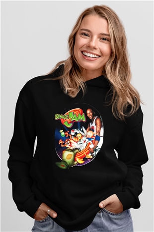 Space Jam Siyah Unisex Kapüşonlu Sweatshirt