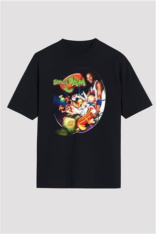 Space Jam Siyah Unisex Oversize Tişört