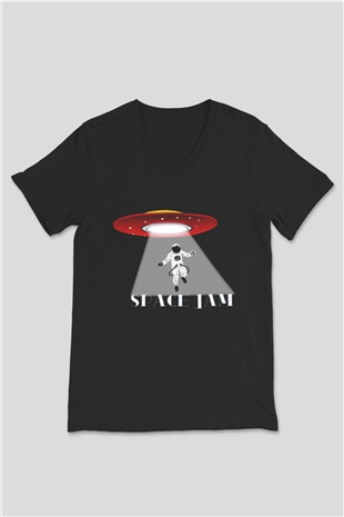 Space Jam Siyah Unisex  V Yaka Tişört
