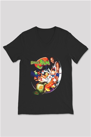 Space Jam Siyah Unisex V Yaka Tişört