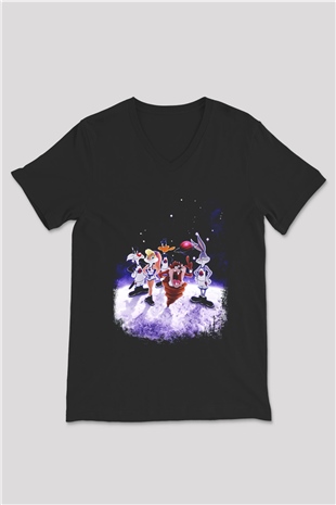 Space Jam Siyah Unisex V Yaka Tişört