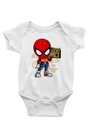 Spider Boombox Baskılı Beyaz Unisex Bebek Body - Zıbın
