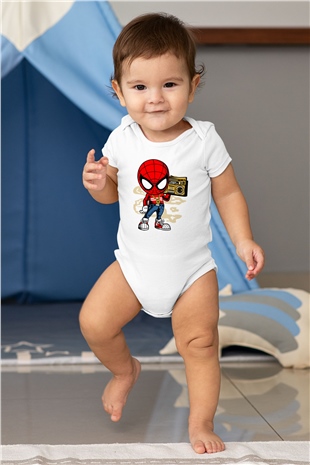 Spider Boombox Baskılı Beyaz Unisex Bebek Body - Zıbın