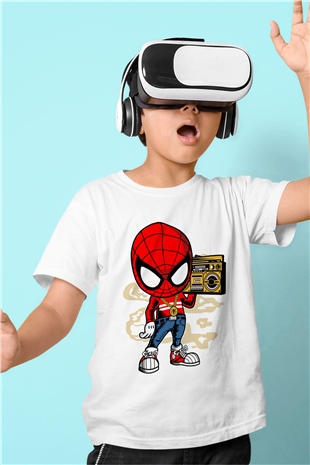 Spider Boombox Baskılı Beyaz Unisex Çocuk Tshirt