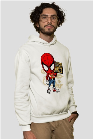 Spider Boombox Baskılı Beyaz Unisex Hoodie
