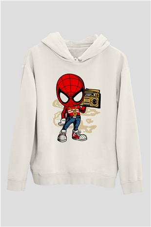 Spider Boombox Baskılı Beyaz Unisex Hoodie