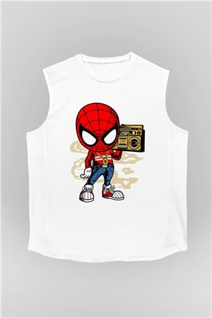 Spider Boombox Baskılı Beyaz Unisex Kolsuz Tişört