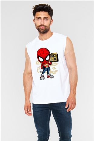 Spider Boombox Baskılı Beyaz Unisex Kolsuz Tişört