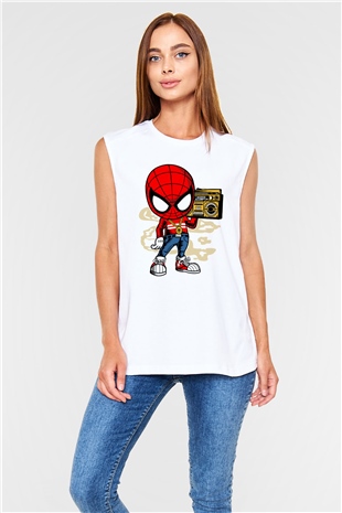 Spider Boombox Baskılı Beyaz Unisex Kolsuz Tişört