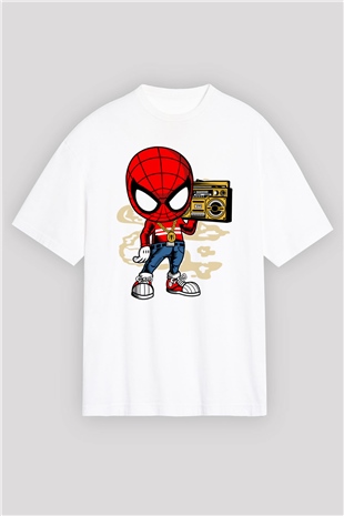 Spider Boombox Baskılı Beyaz Unisex Oversize Tişört