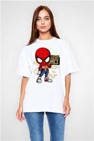 Spider Boombox Baskılı Beyaz Unisex Oversize Tişört